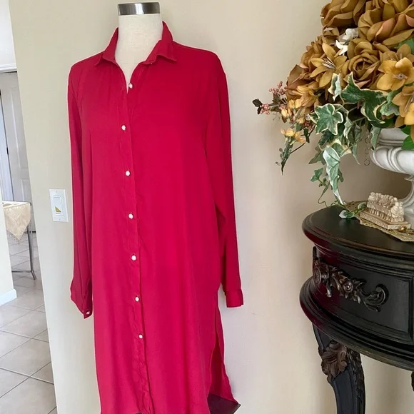 Red Button-Up Shirt Dress Kurti kameez tunic - Picture 5 of 6